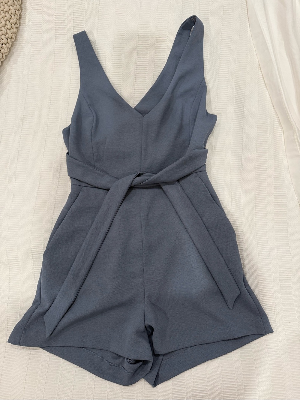 Aritzia Wilfred Slate Blue Tie Waist Open Back Romper | Size 8 - Picture 2 of 4